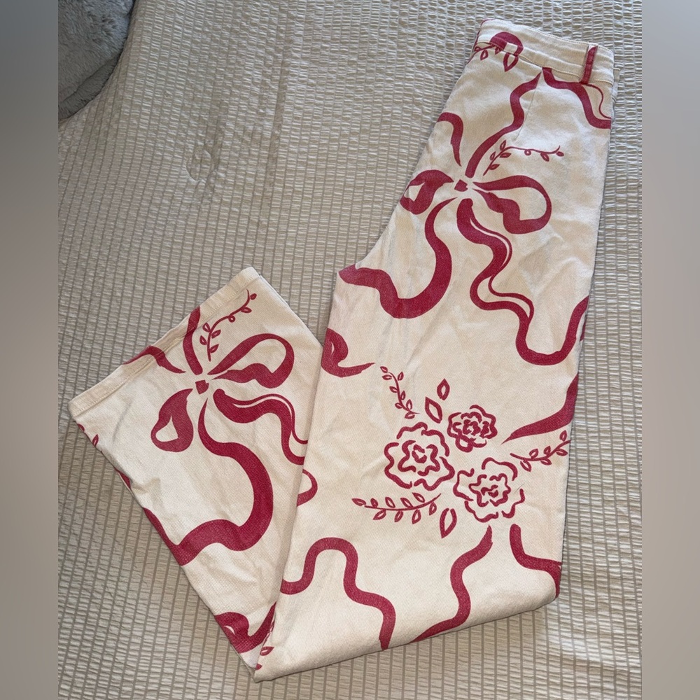 Hi Rise Wide Leg Cream Jeans with Pink Bows Ribbons medium